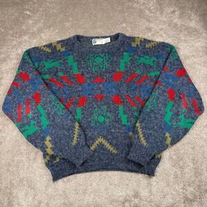 Vtg Sweaters Grey Abstract Geometric Fuzzy Knit Size M Retro 80s Skate